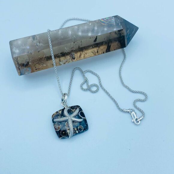 Turritella Jasper Sterling Silver Starfish Necklace Popcorn Chain - Picture 1 of 7